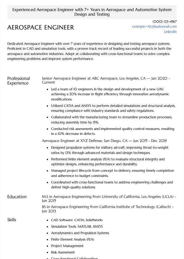 Aerospace Engineer Resume Example