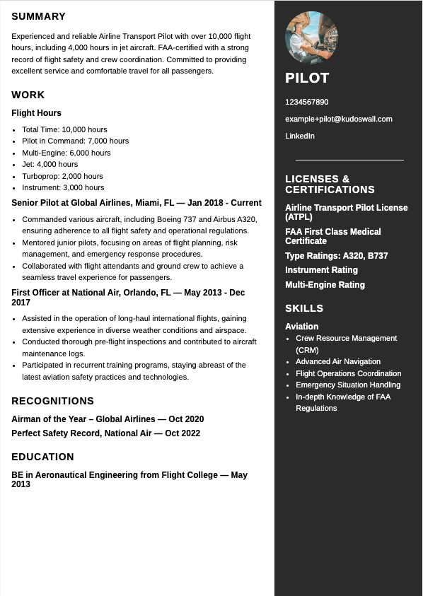 Commercial Airline Pilot Resume Example
