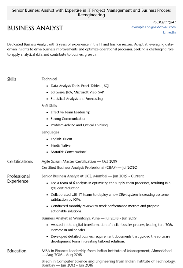 Business Analyst Resume Example