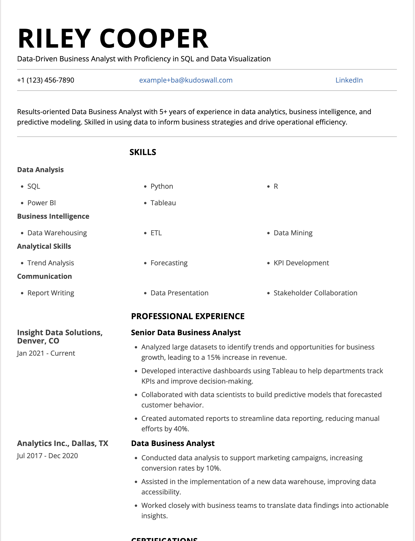 Data Business Analyst Resume Example