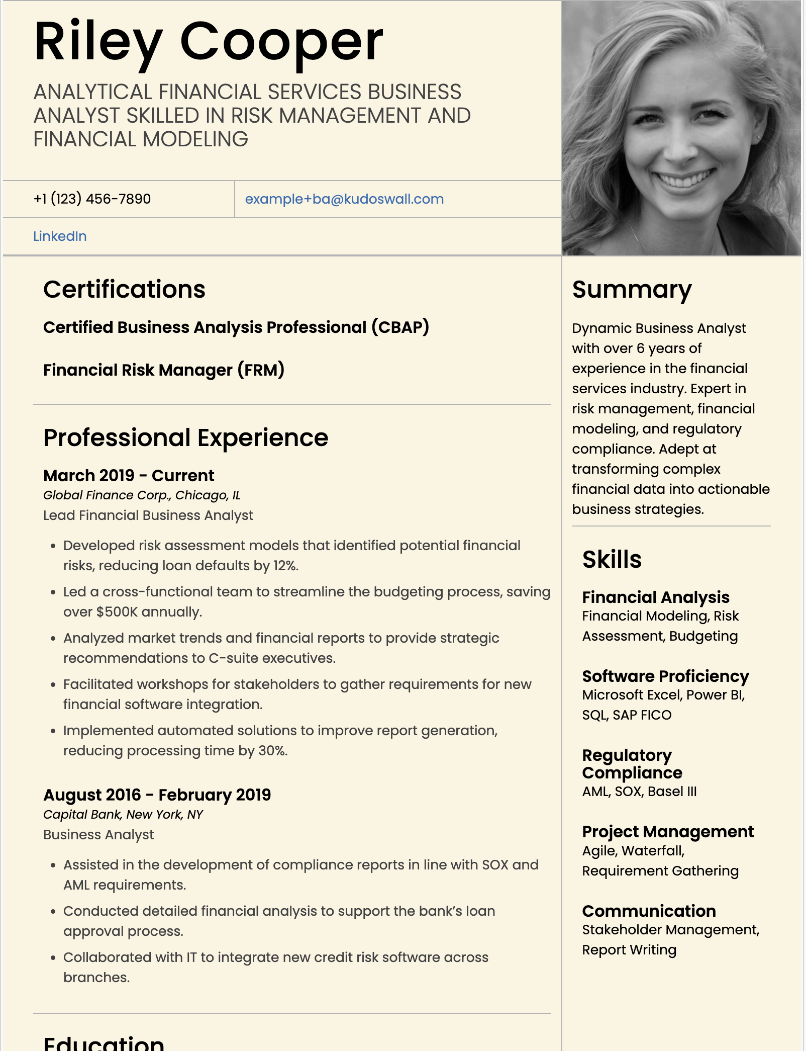 Financial Services Business Analyst Resume Example