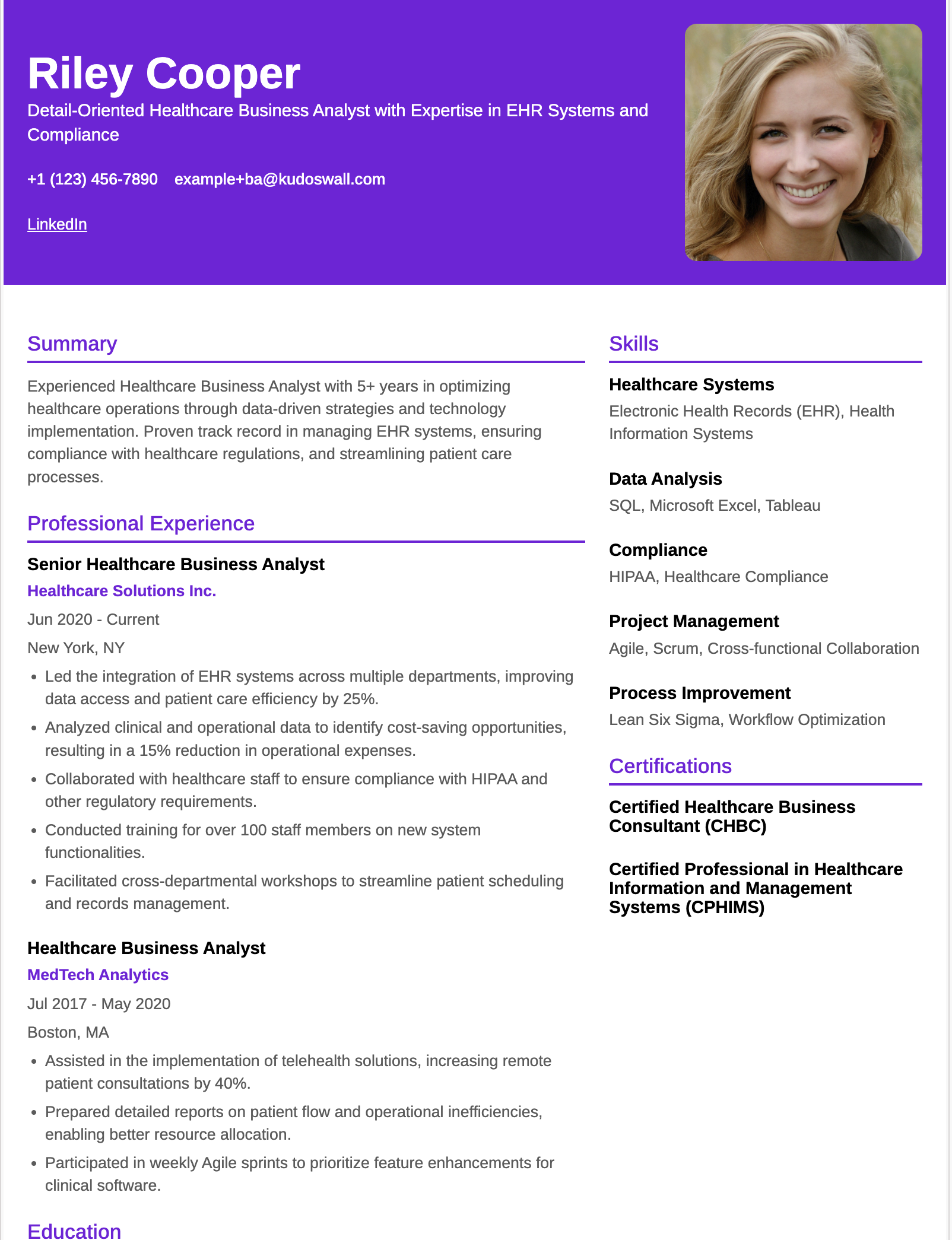 Healthcare Business Analyst Resume Example