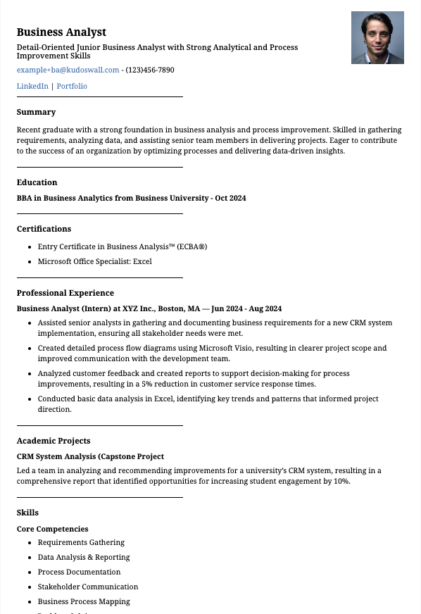 Junior Business Analyst Resume Example