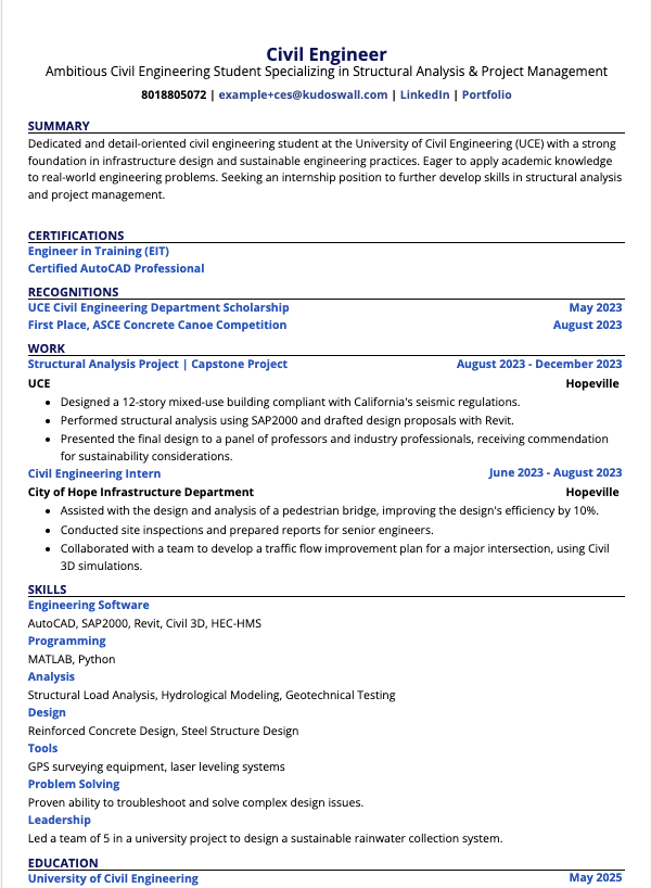 Civil Engineering Student Resume Example