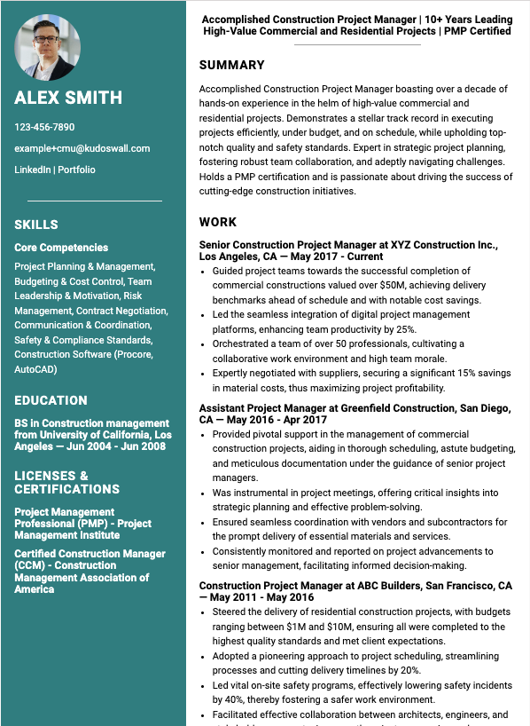 Construction Manager Resume Example