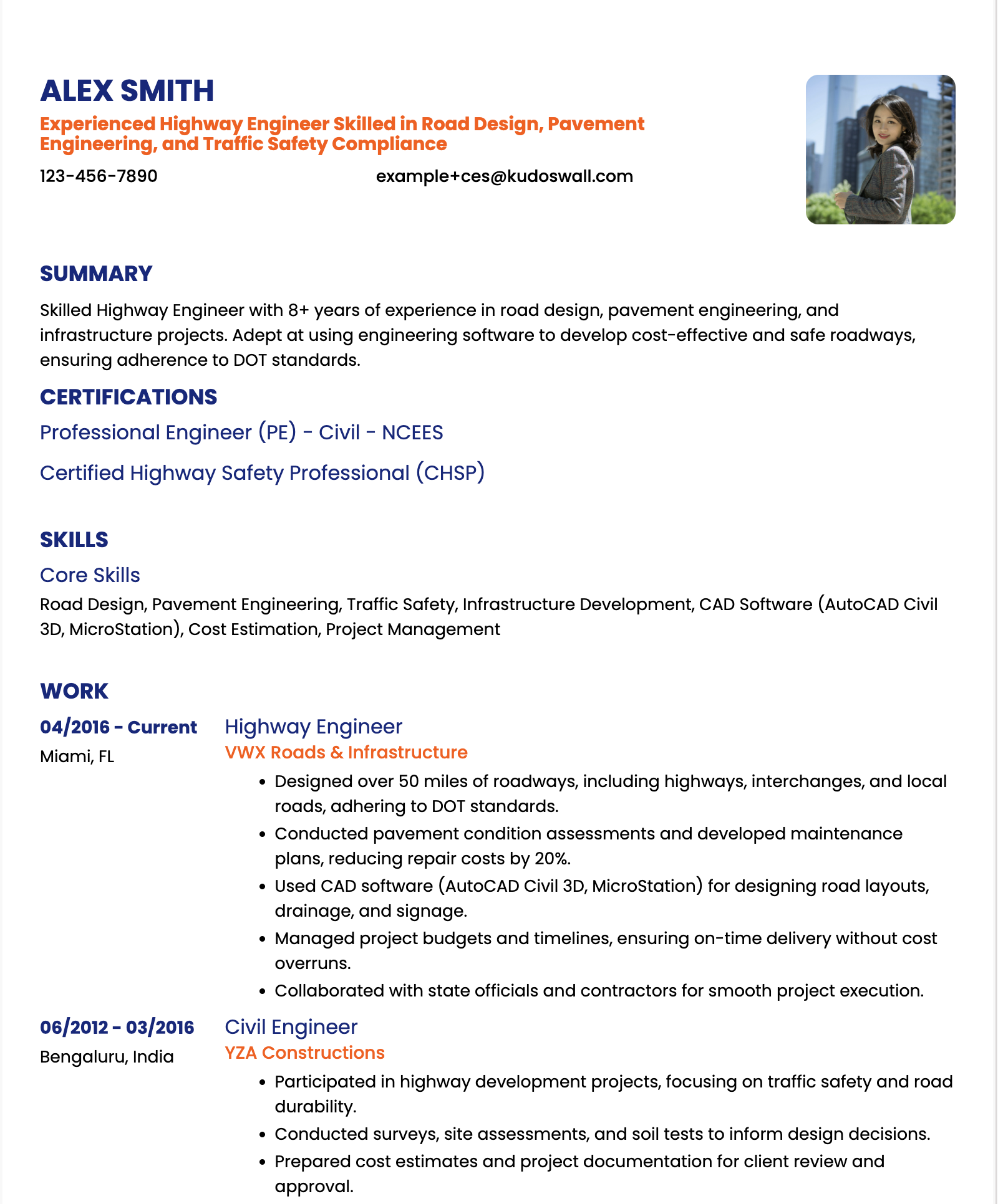 Highway Engineer Resume Example