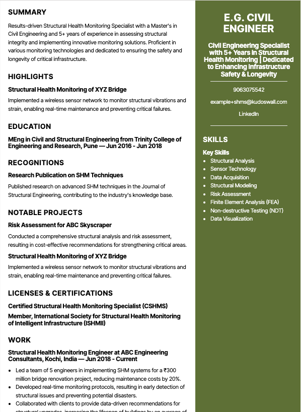 Structural Health Monitoring Specialist Resume Example