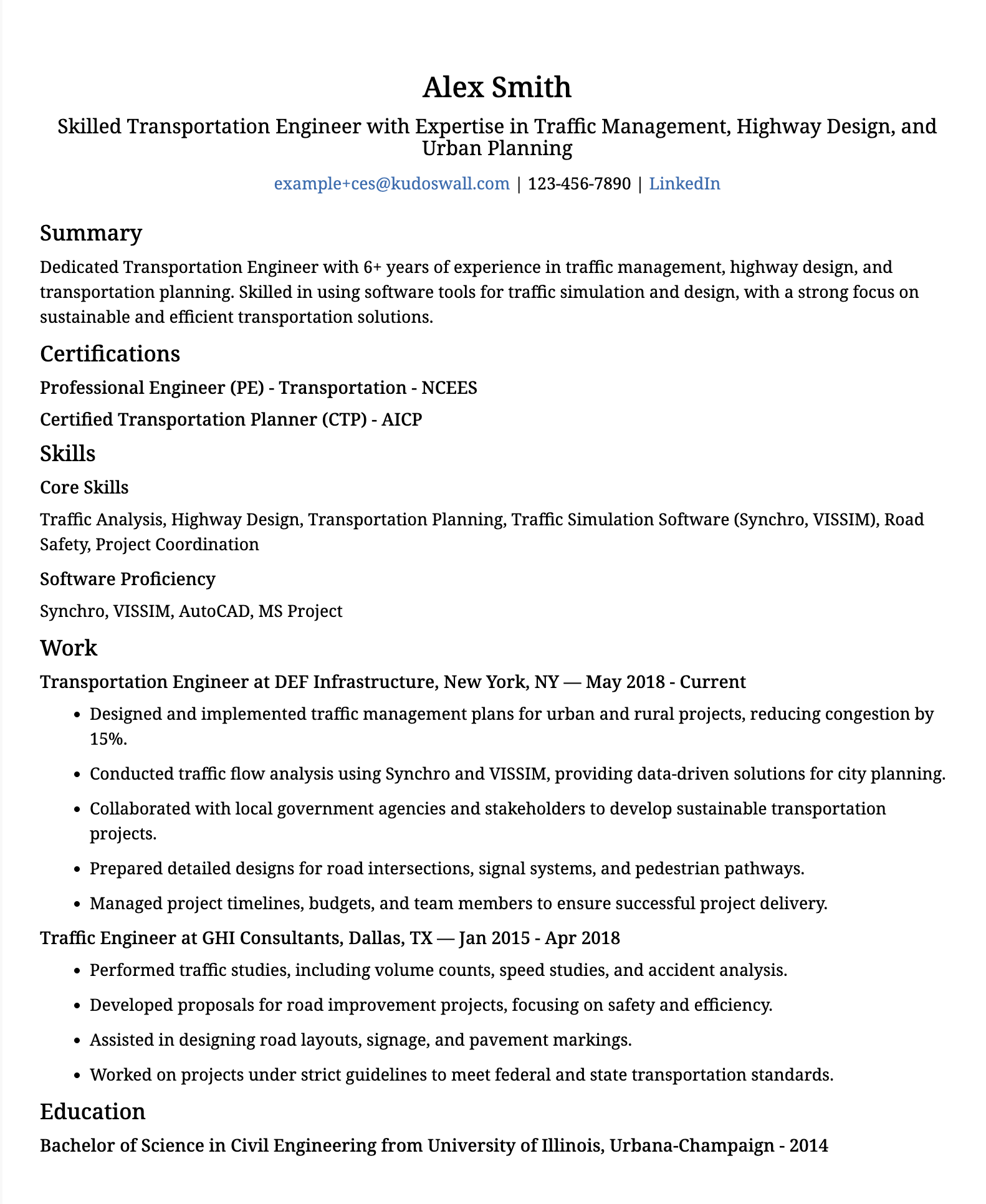 Transportation Engineer Resume Example