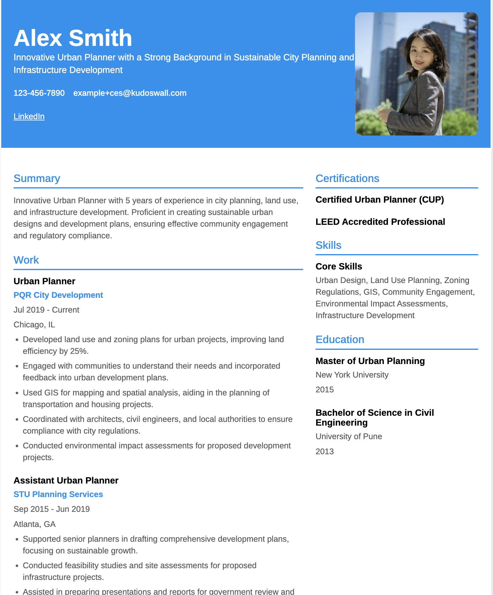 Urban Planning Engineer Resume Example