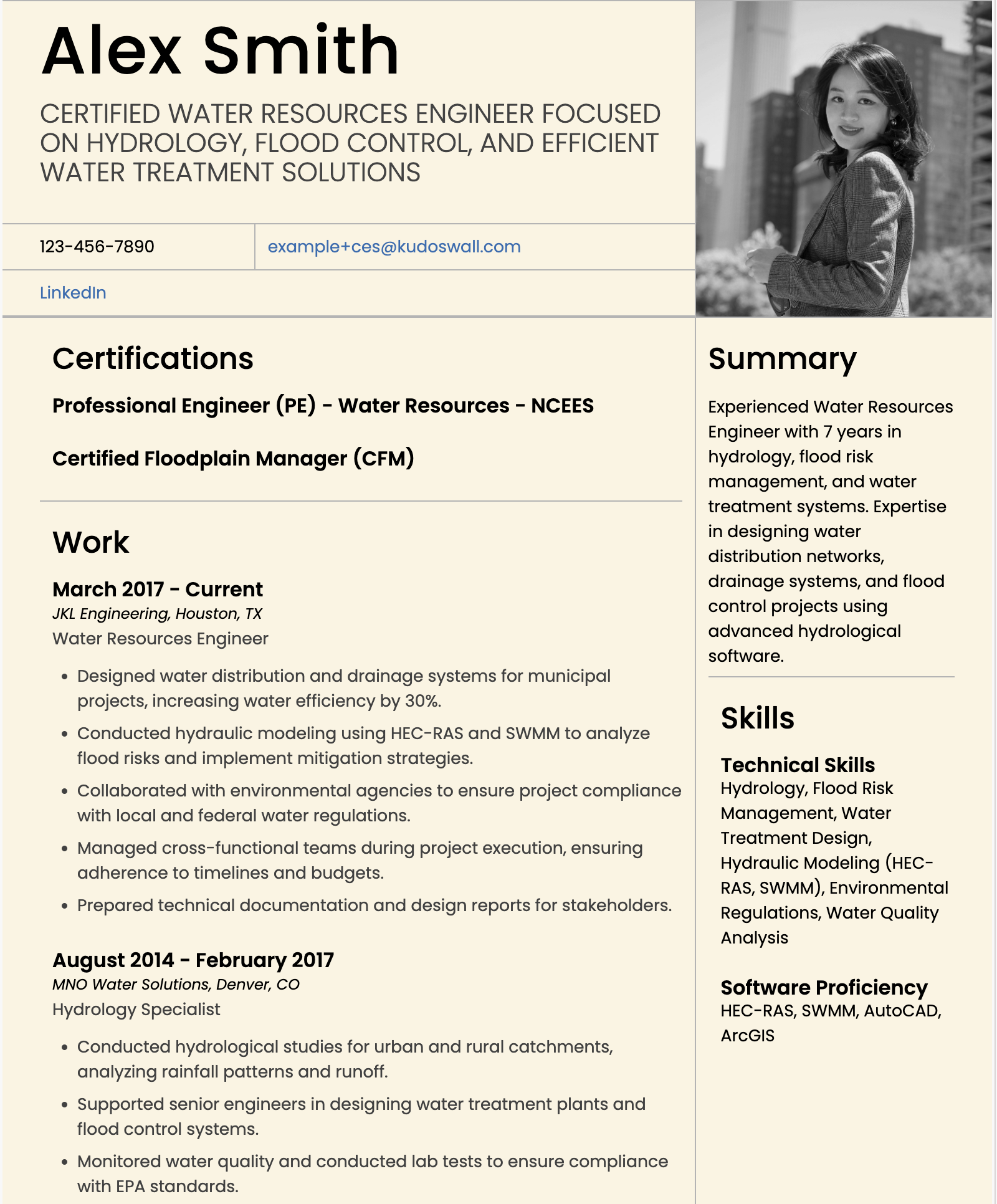 Water Resources Engineer Resume Example