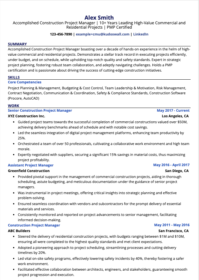 Construction Manager Resume Example