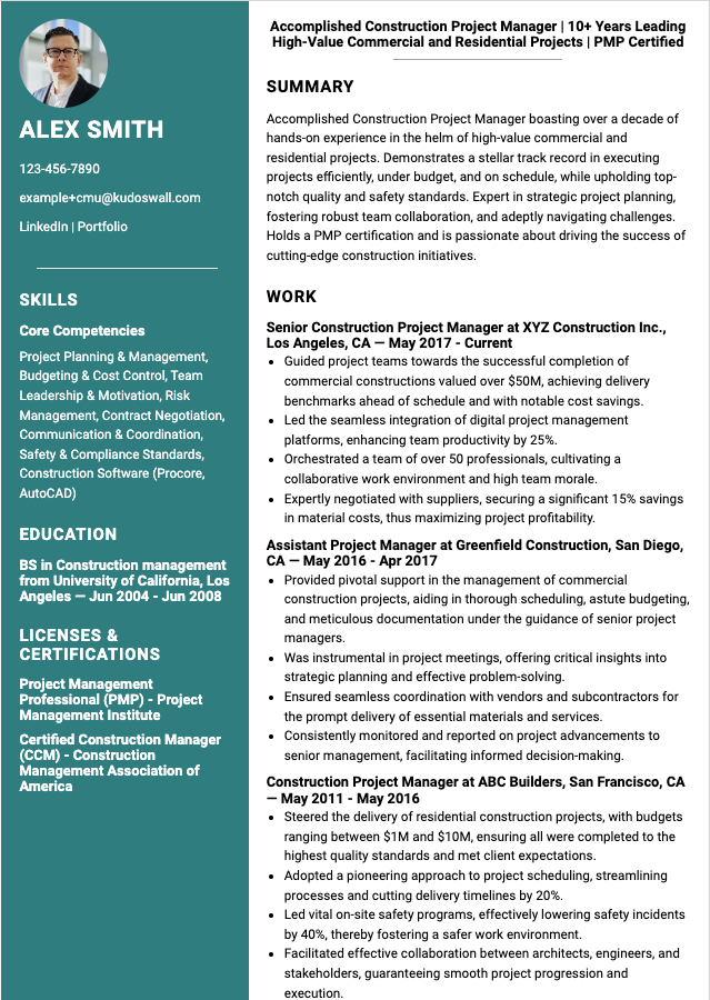 International Construction Manager Resume Example