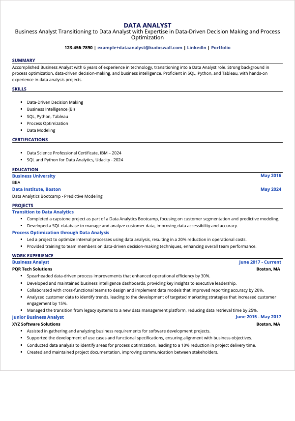Resume Example for a Career Change to Data Analyst