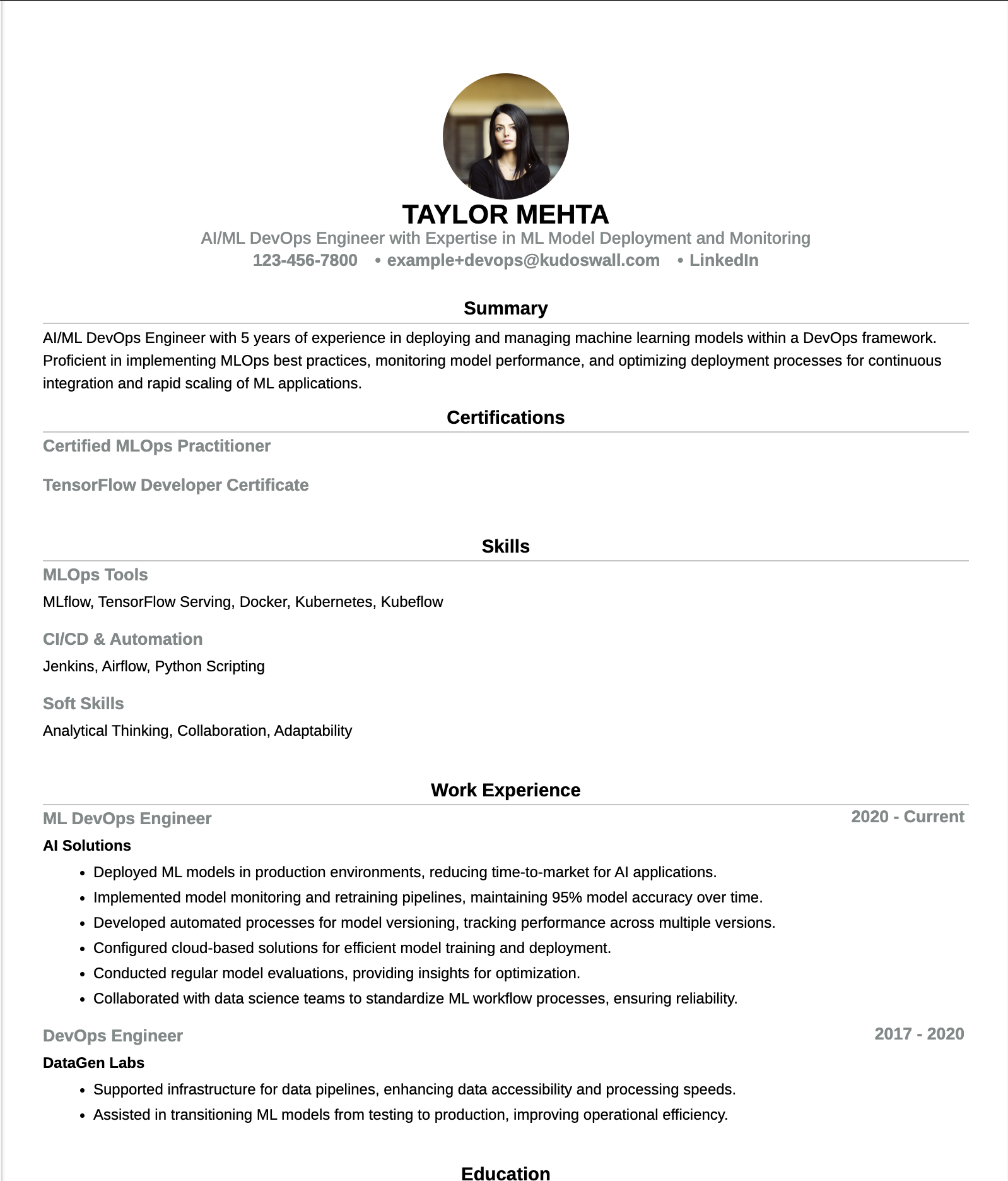 AI/ML DevOps Engineer Resume Example