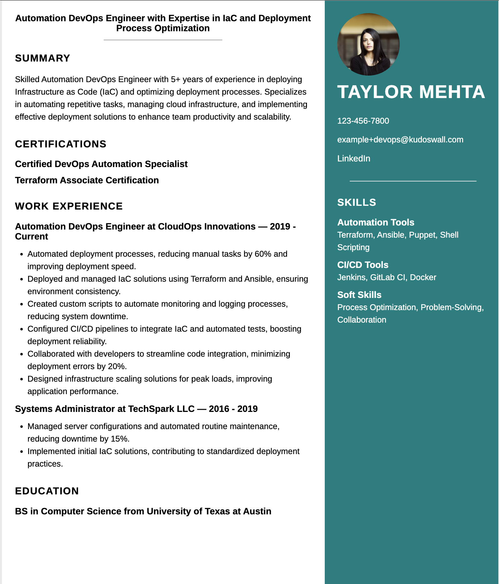 Automation DevOps Engineer Resume Example