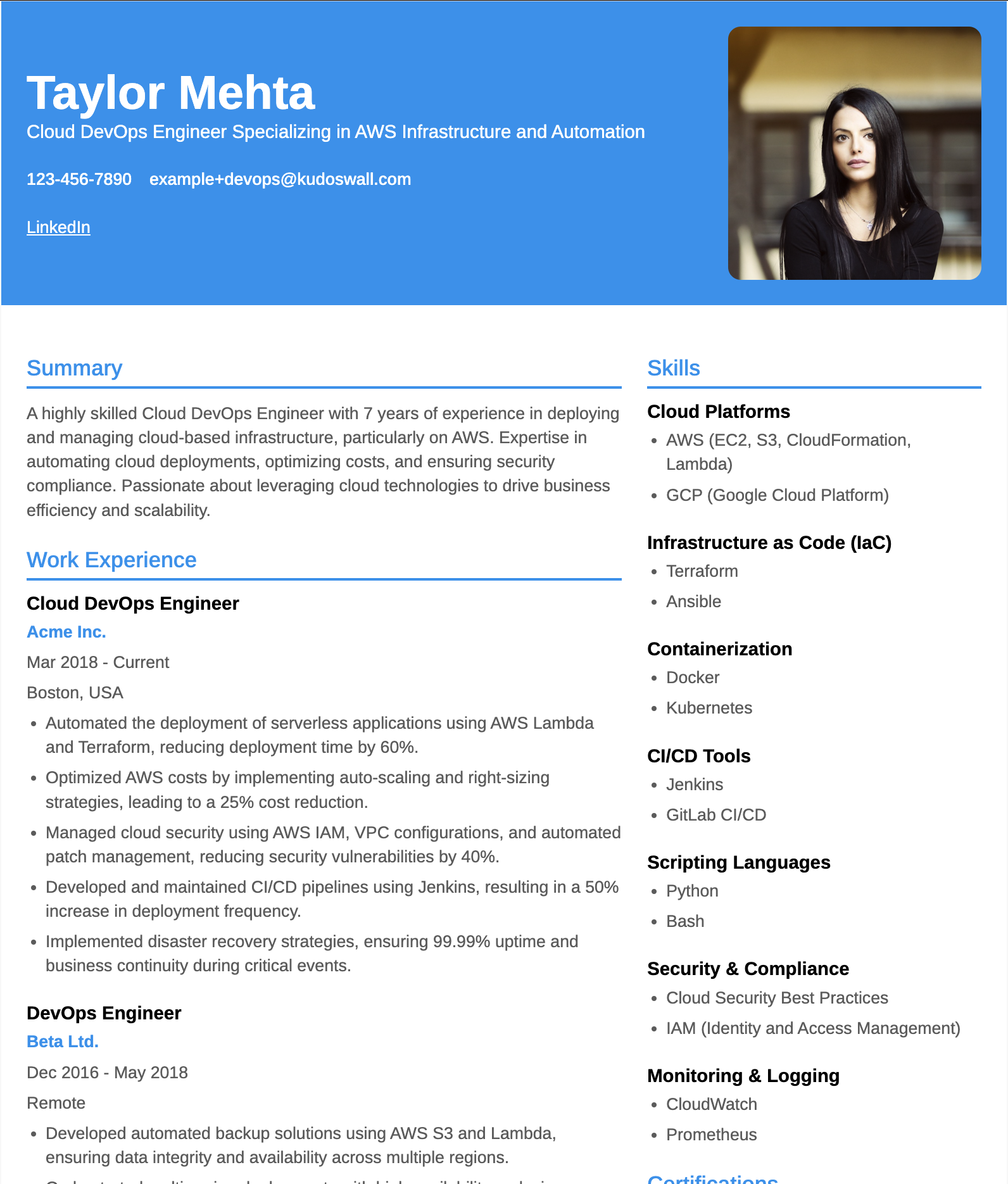 Cloud DevOps Engineer Resume Example