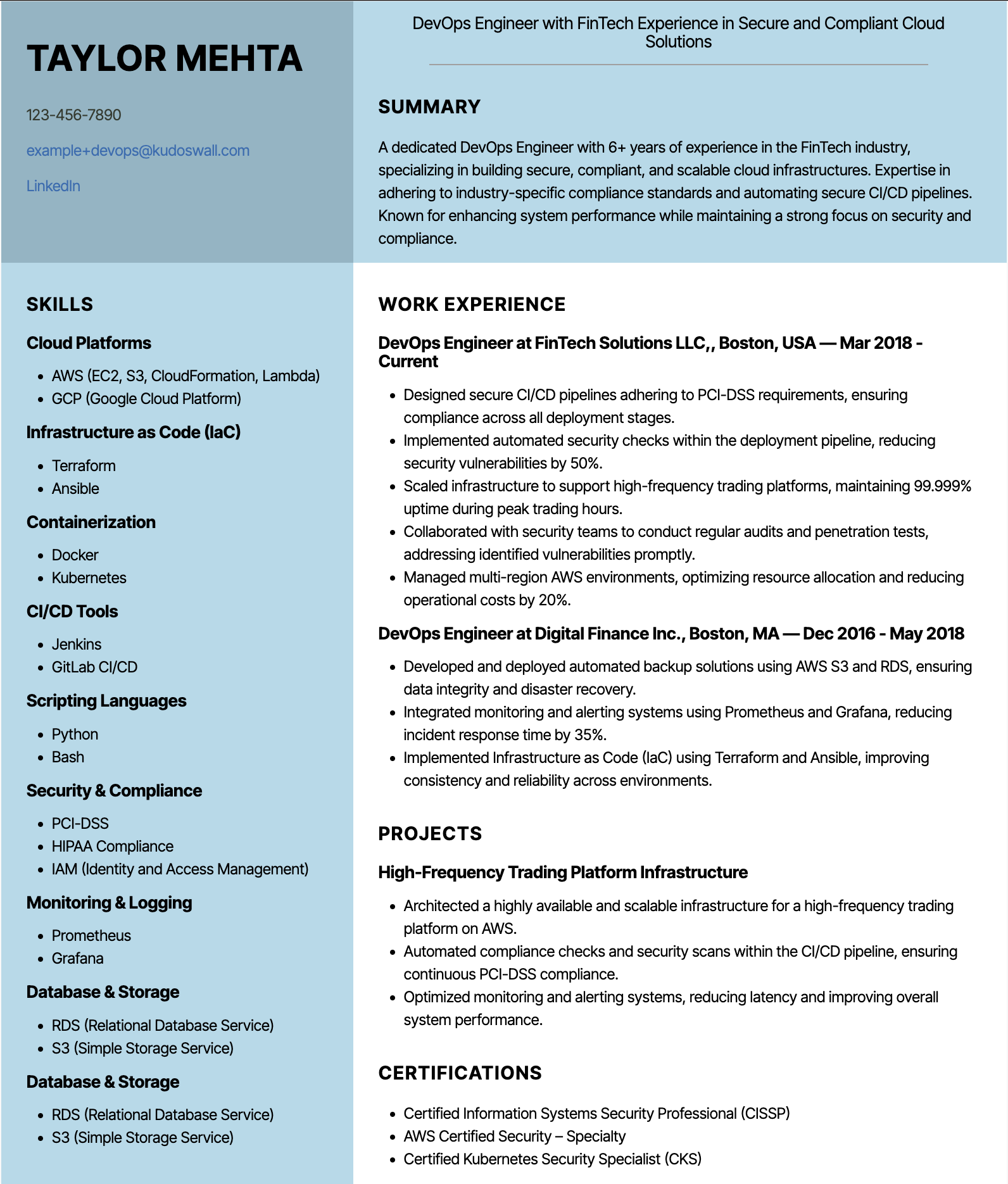 FinTech DevOps Engineer Resume Example