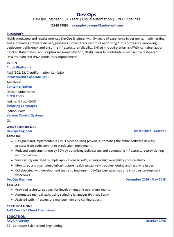 Mid-level DevOps Engineer Resume Example