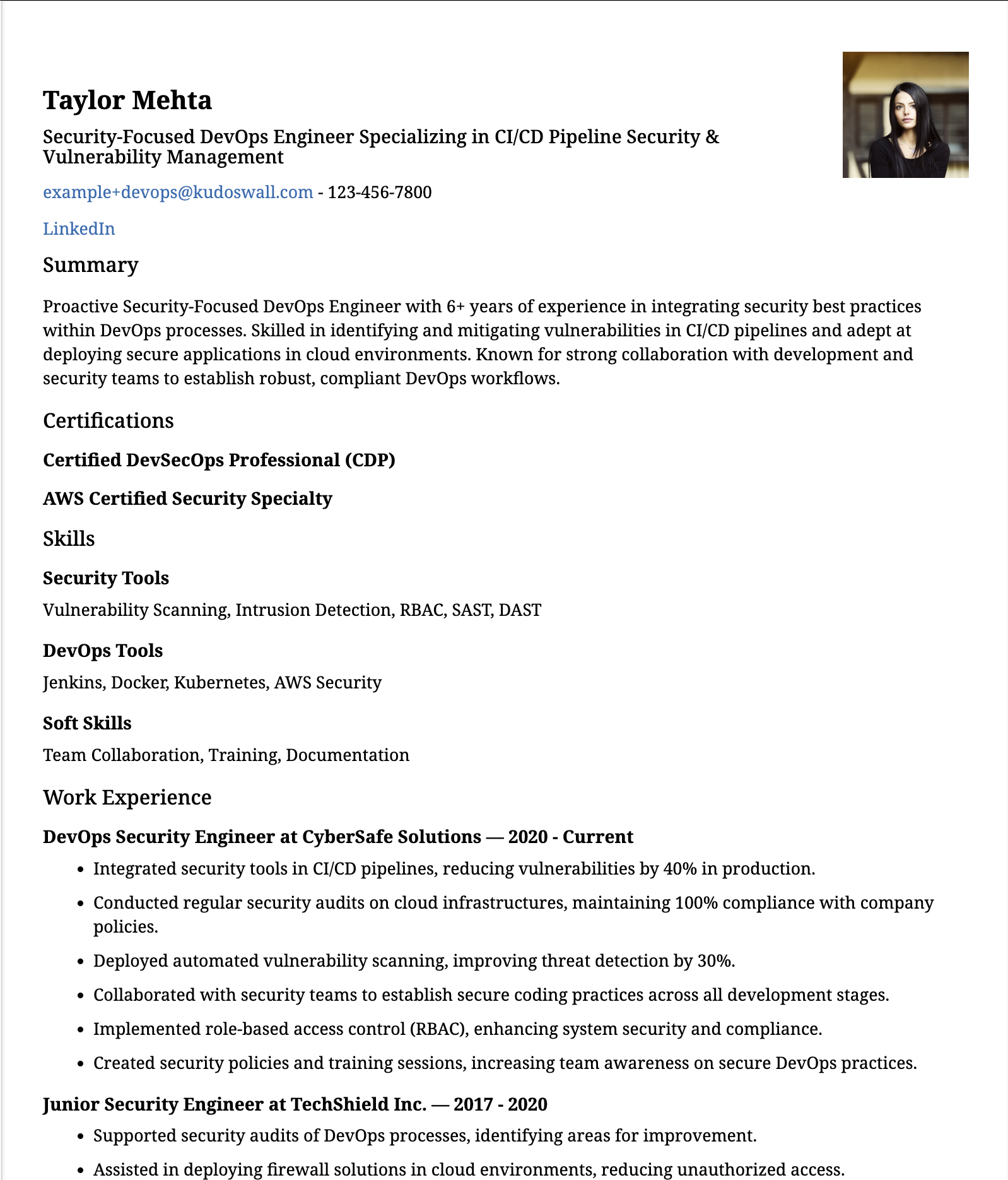 Security-Focused DevOps Engineer Resume Example