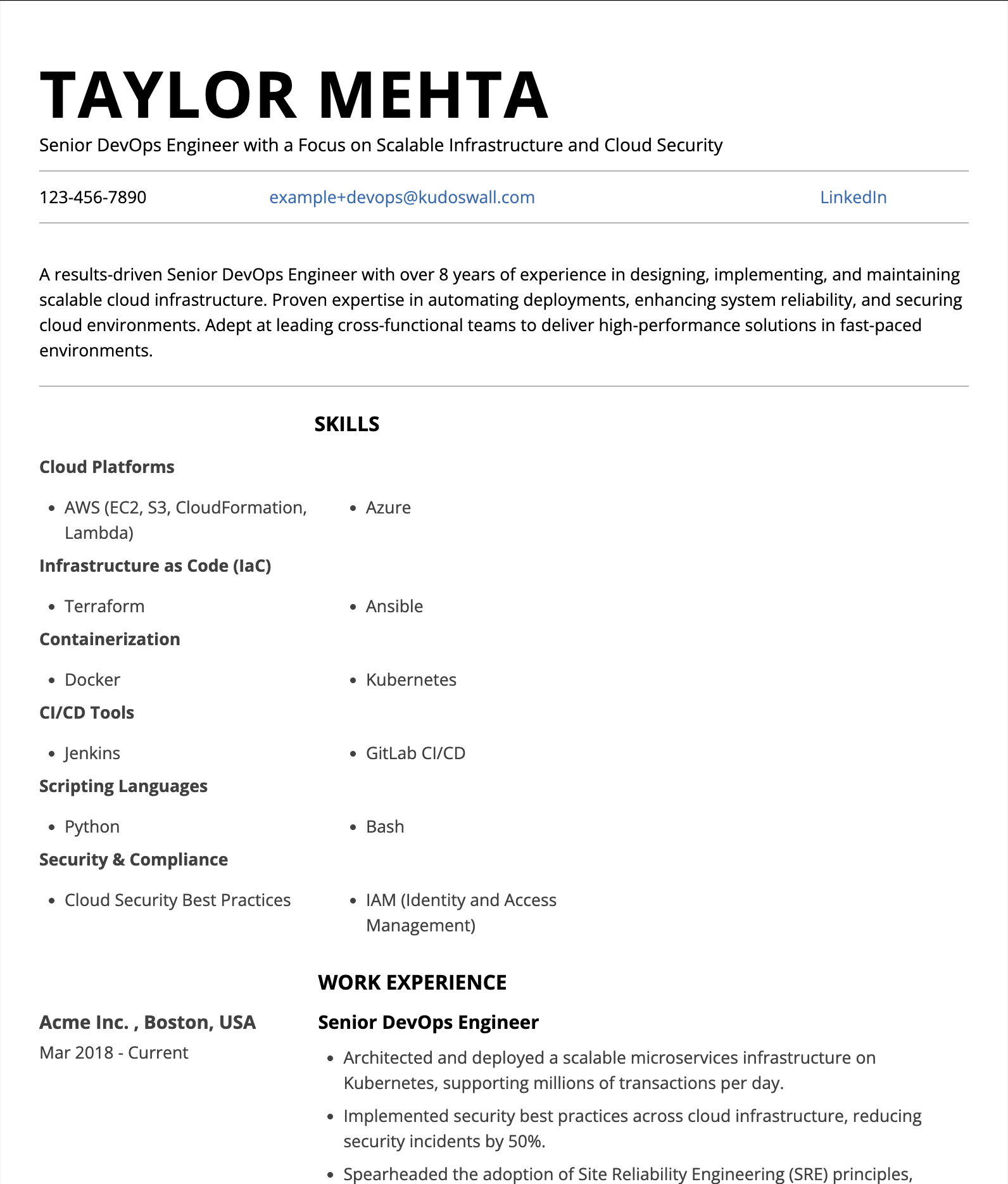 Senior DevOps Engineer Resume Example