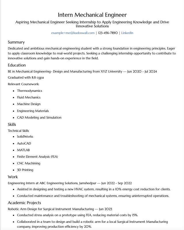 example resume mechanical engineer fresher