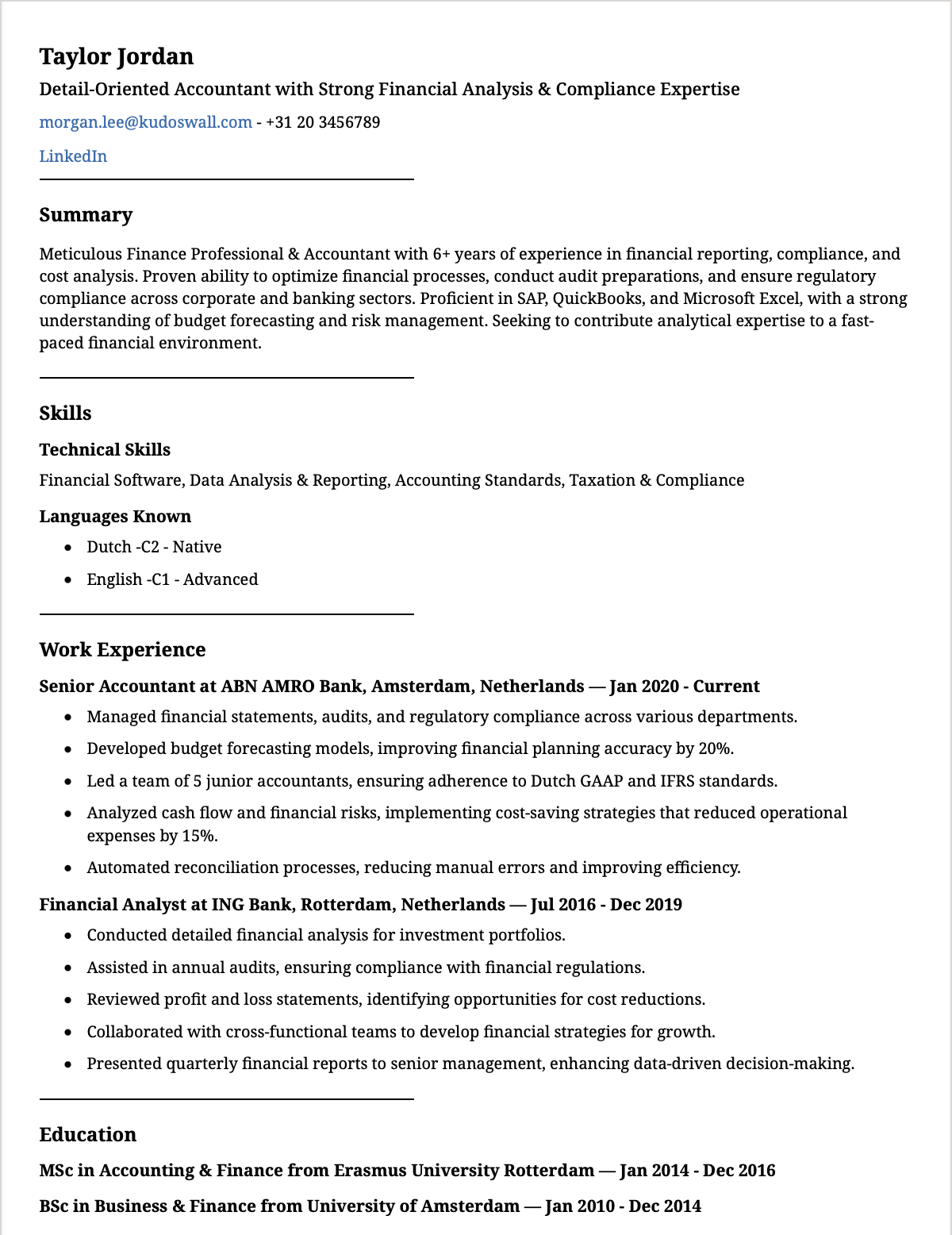 Accountant Europass CV Sample