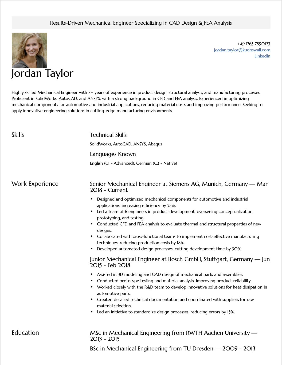 Mechanical Engineer Europass CV Sample