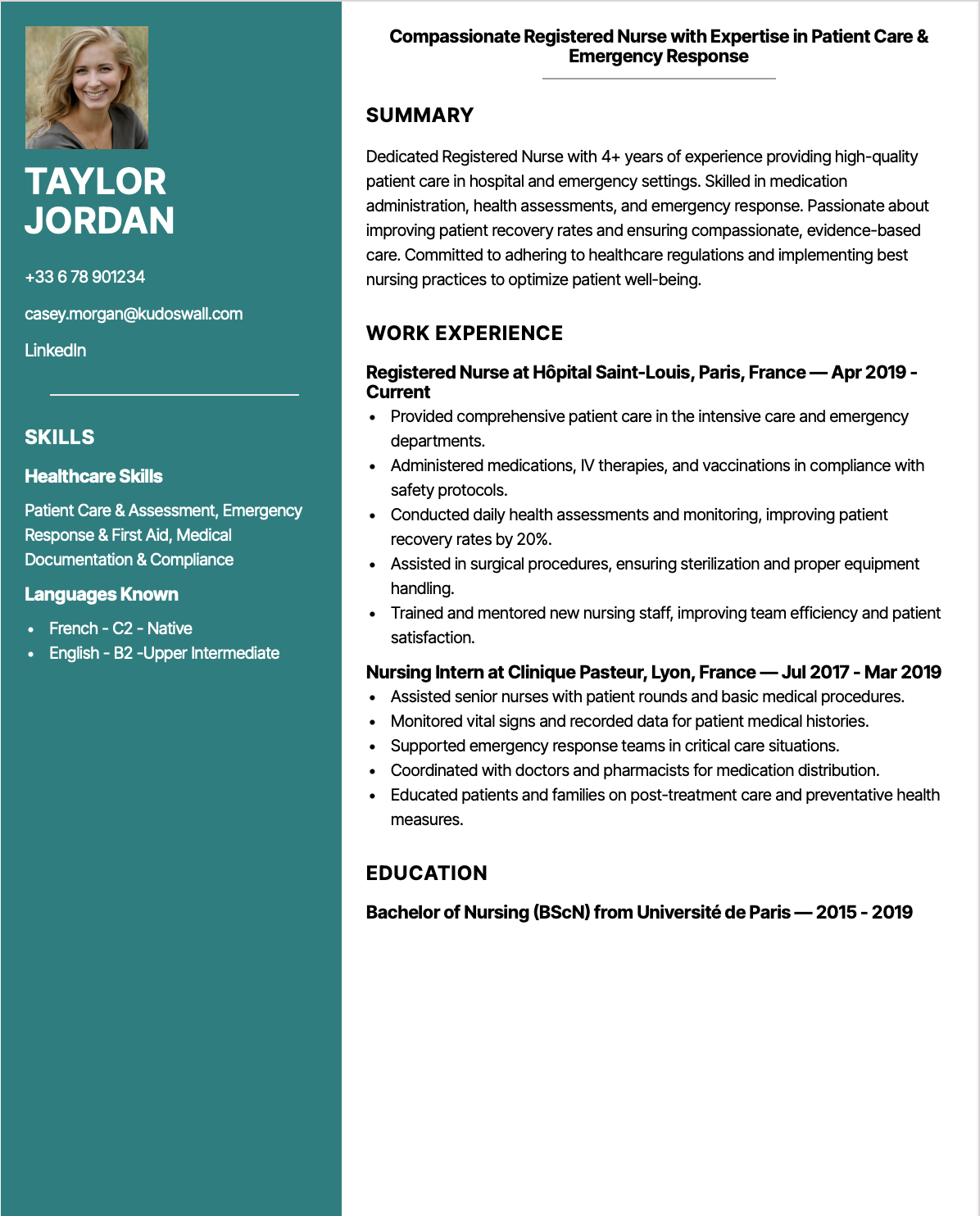 Registered Nurse Europass CV Sample