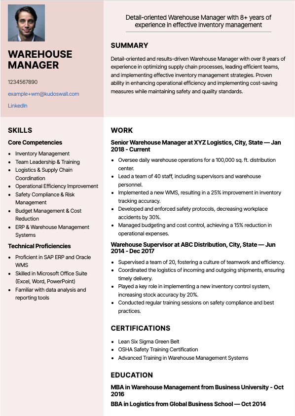 Warehouse Manager Resume Example