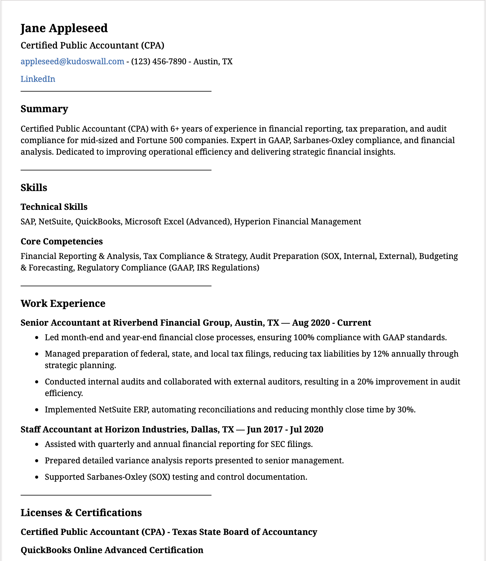 CPA Resume Sample