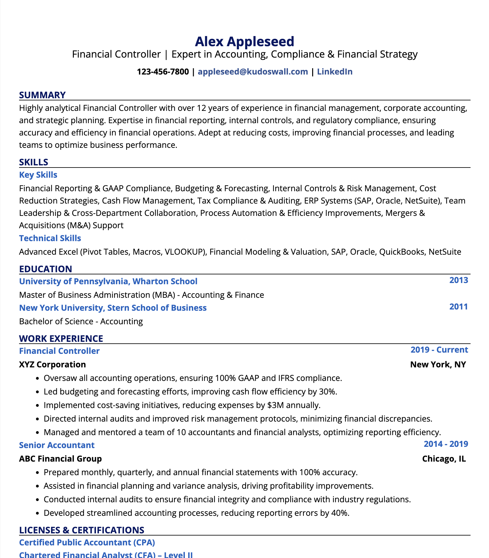 Controller Resume Examples