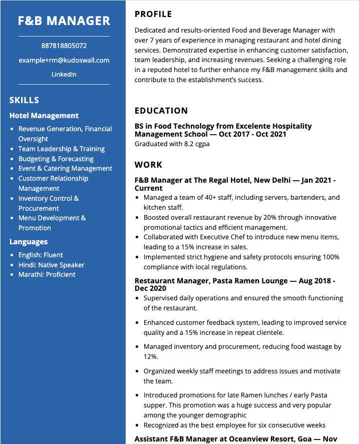 F&B Manager Resume Example