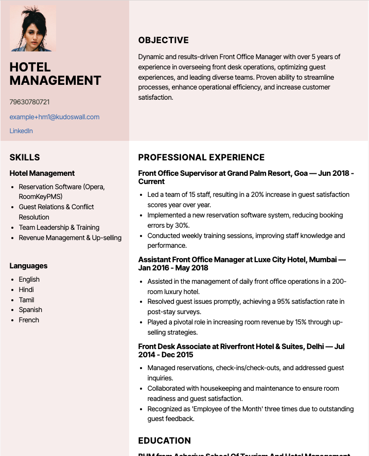 Front Office Manager Resume Example