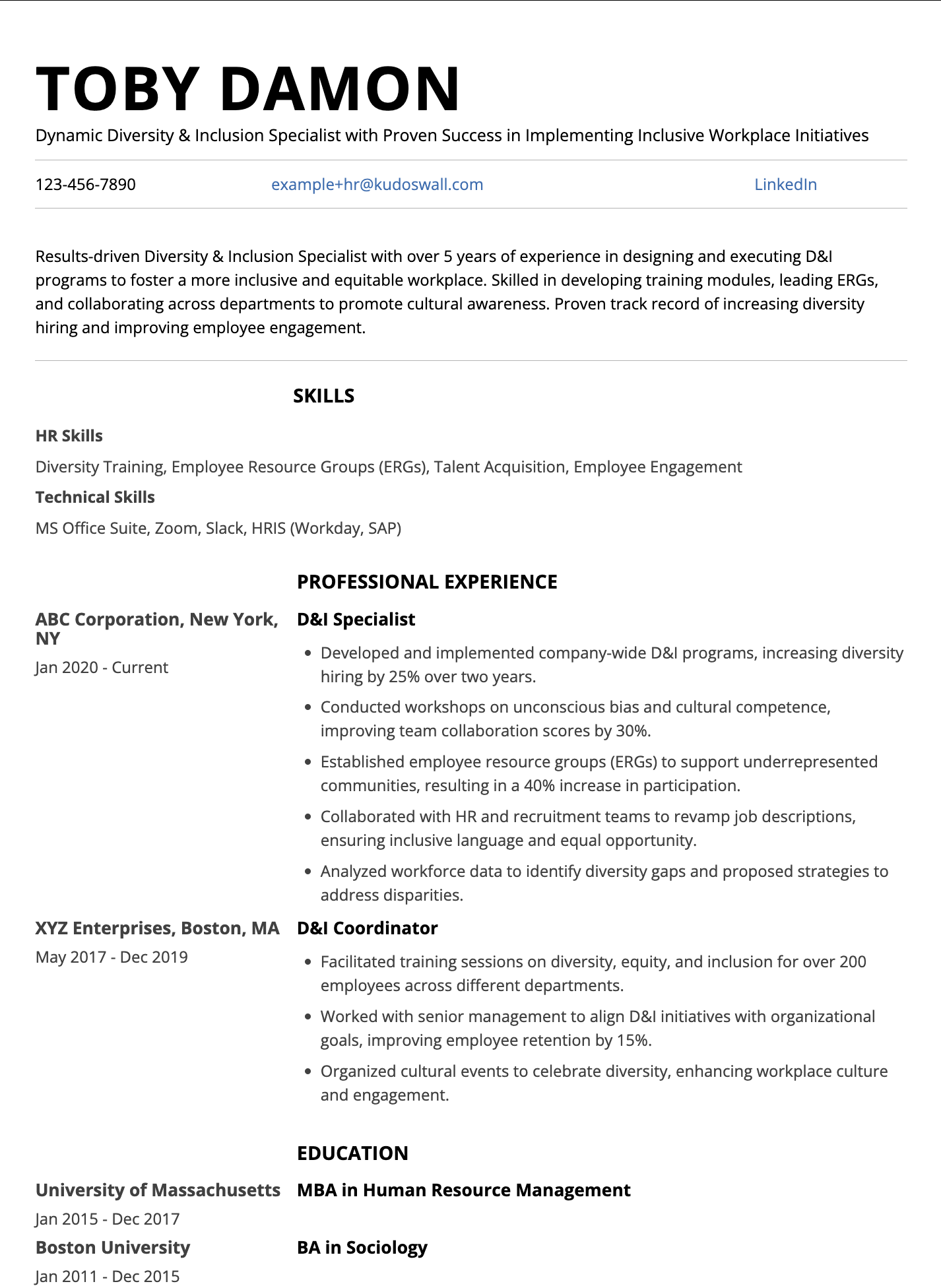 Diversity & Inclusion Specialist Resume Example