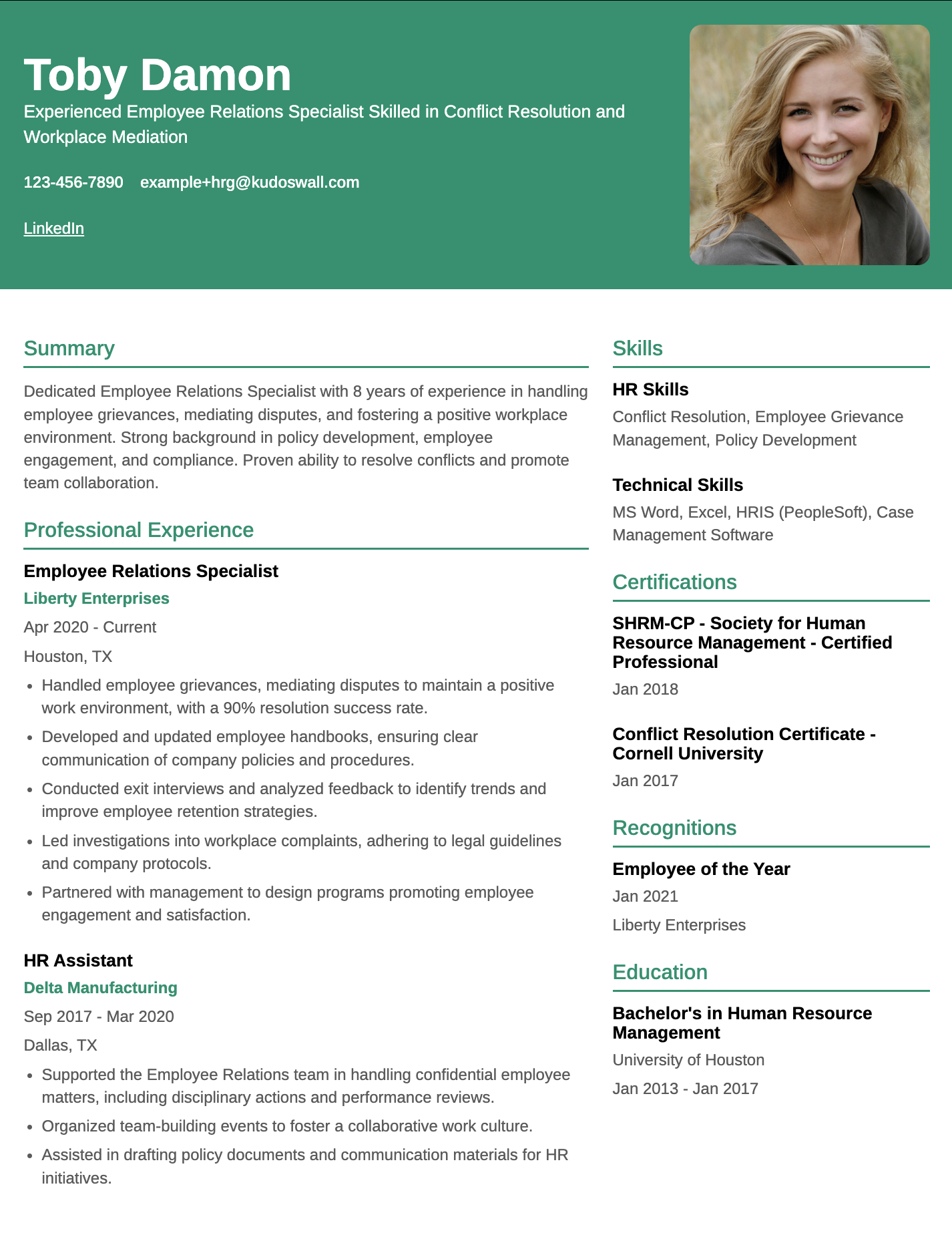 Employee Relations Specialist Resume Example