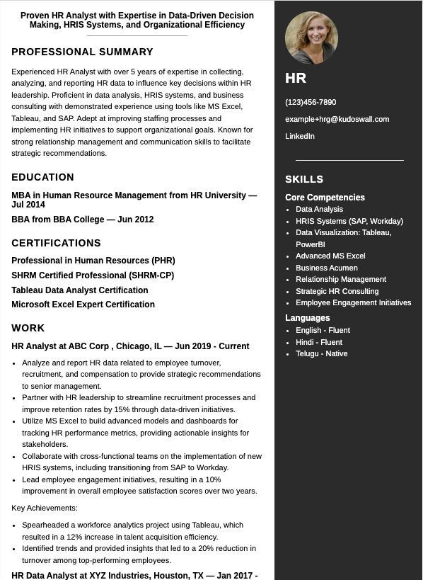 HR Analyst Resume Example
