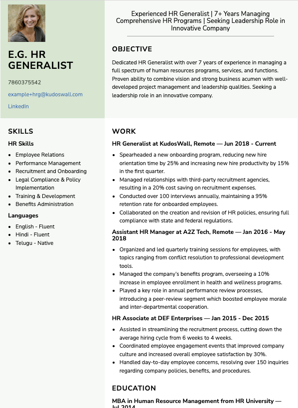 HR Generalist Resume Example