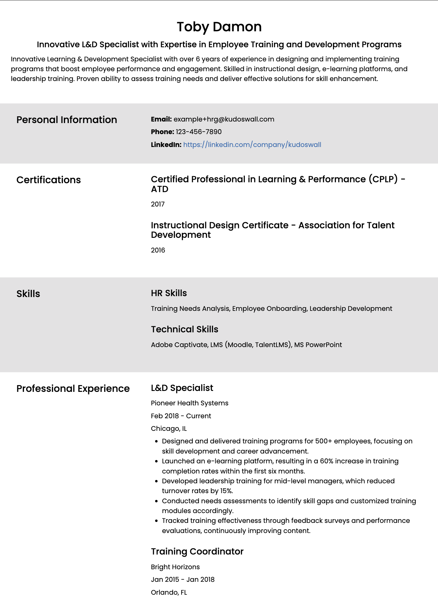 Learning & Development Specialist Resume Example