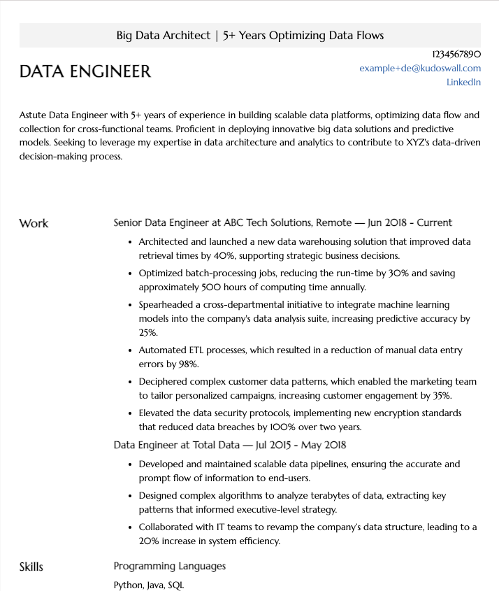 Big Data Engineer Resume Example