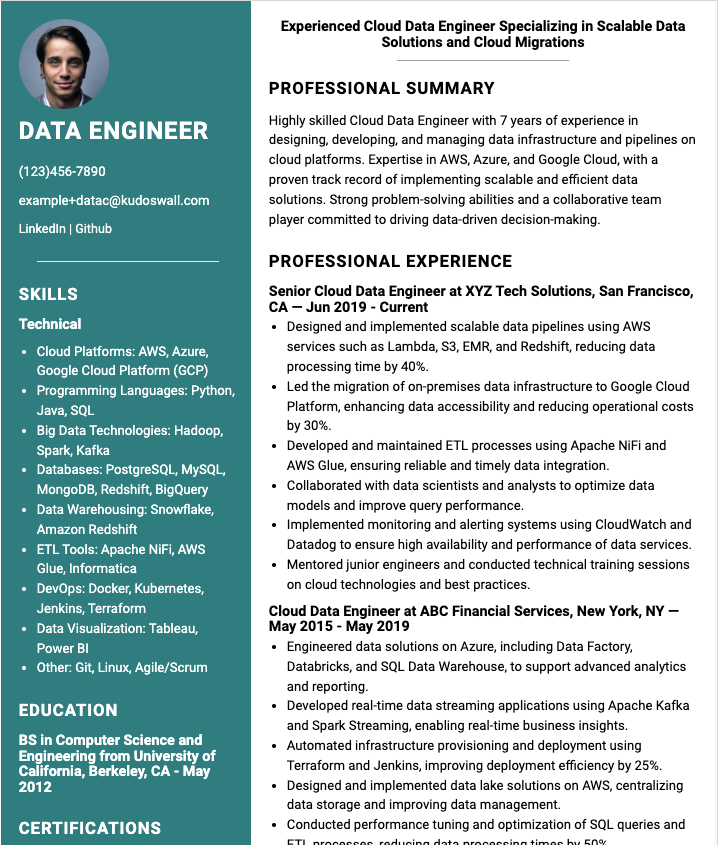 Cloud Data Engineer Resume Example