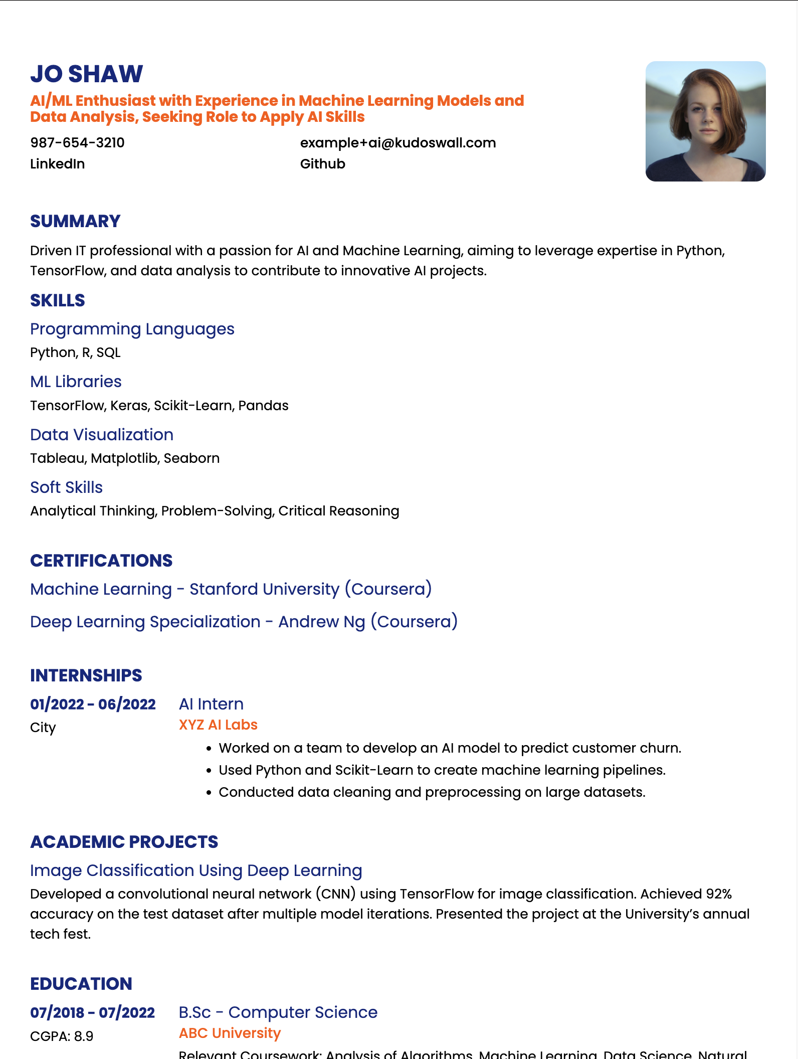 AI-ML Fresher Resume Example