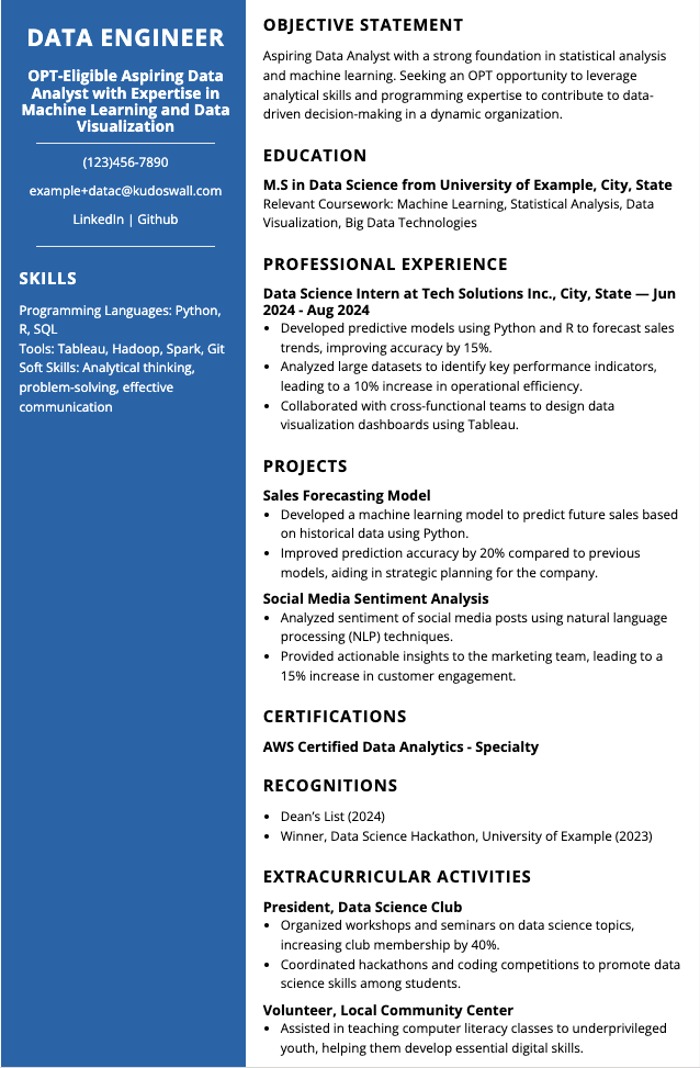 Data Engineer Fresher Resume