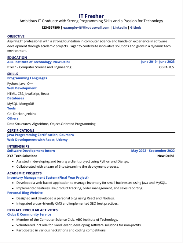 Resume of IT Fresher