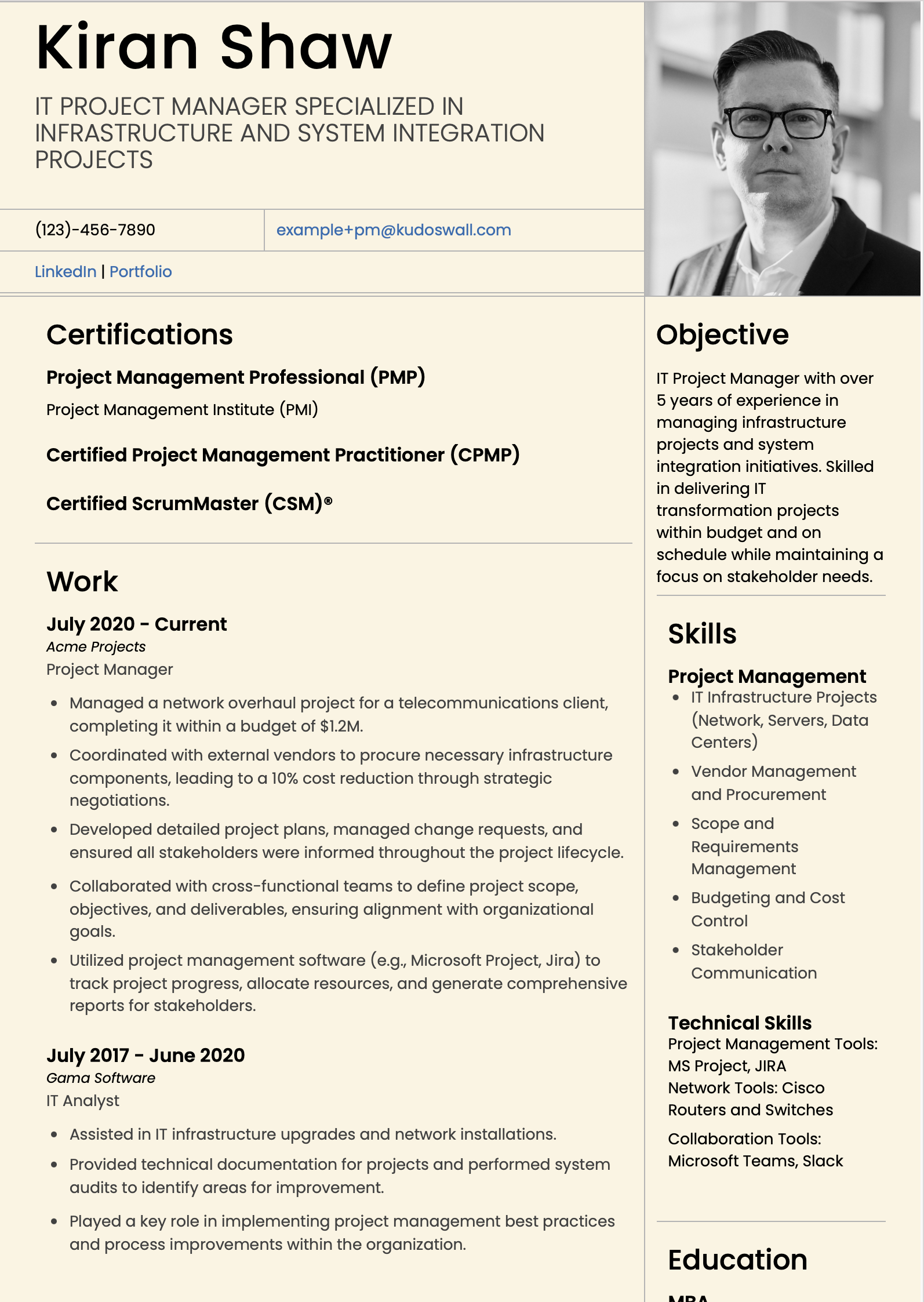 IT Infrastructure Project Manage Resume Example