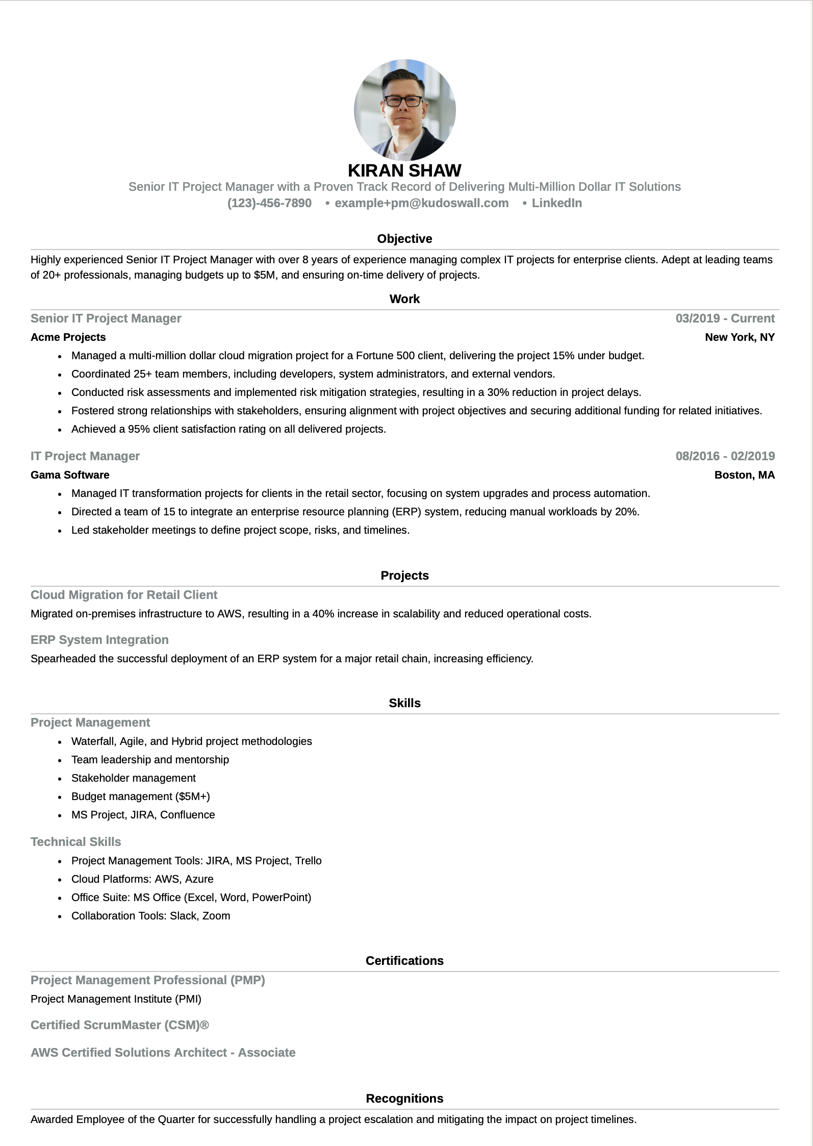 Senior IT Tech Project Manager Resume Example