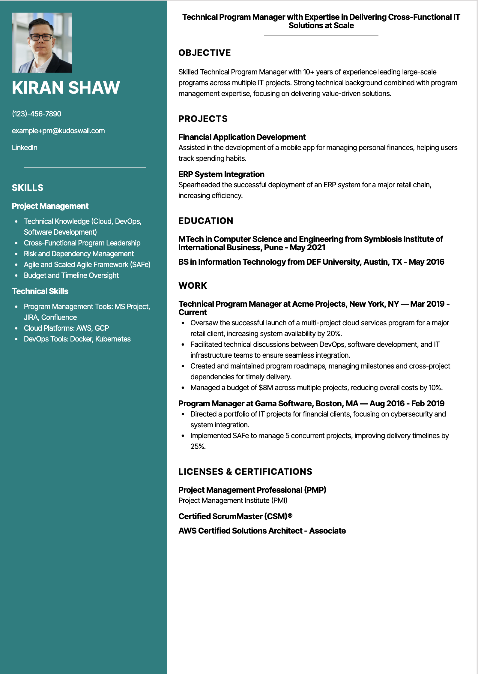 Technical Program Manager Resume Example