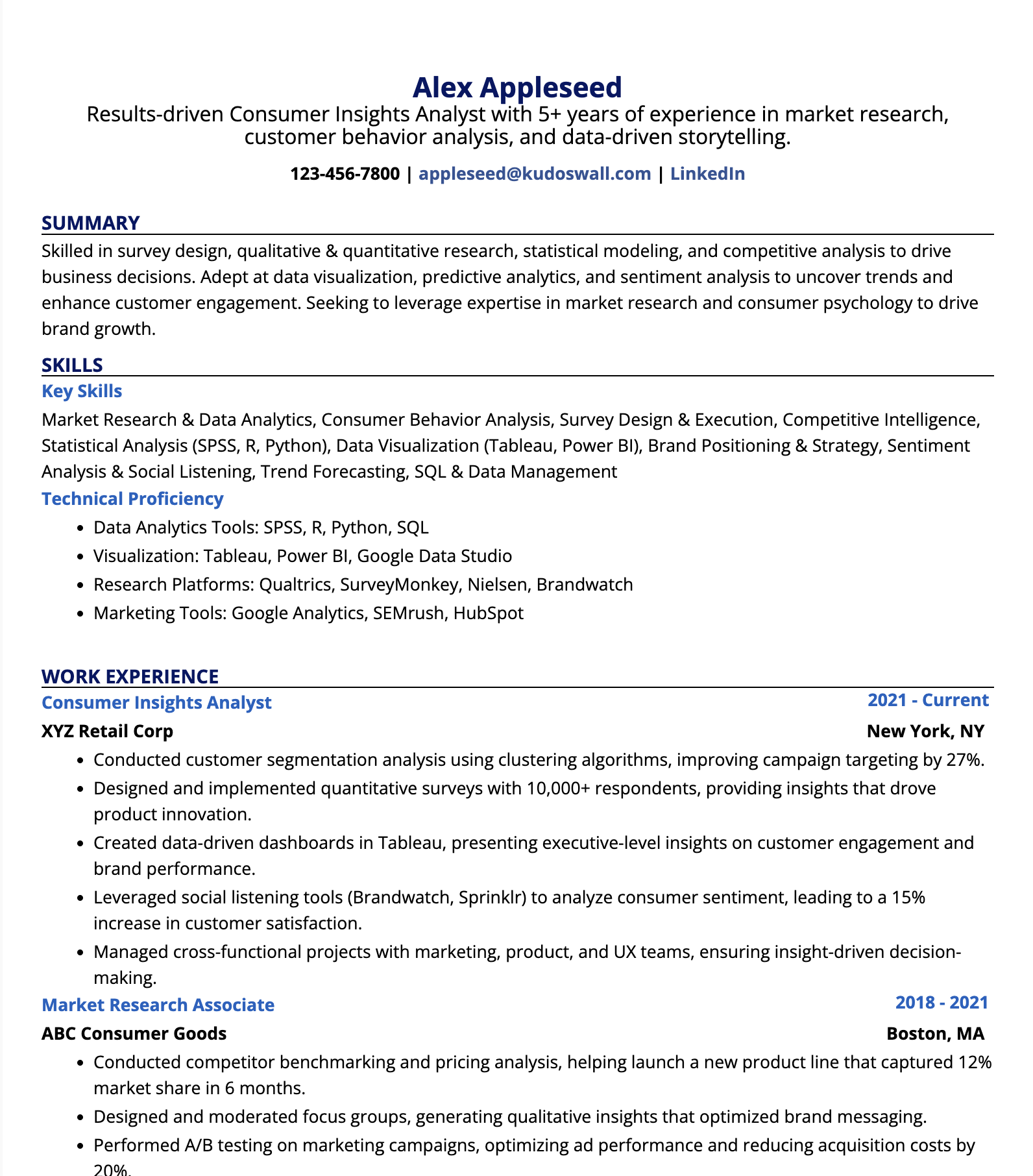 Consumer Insights Analyst Resume Sample
