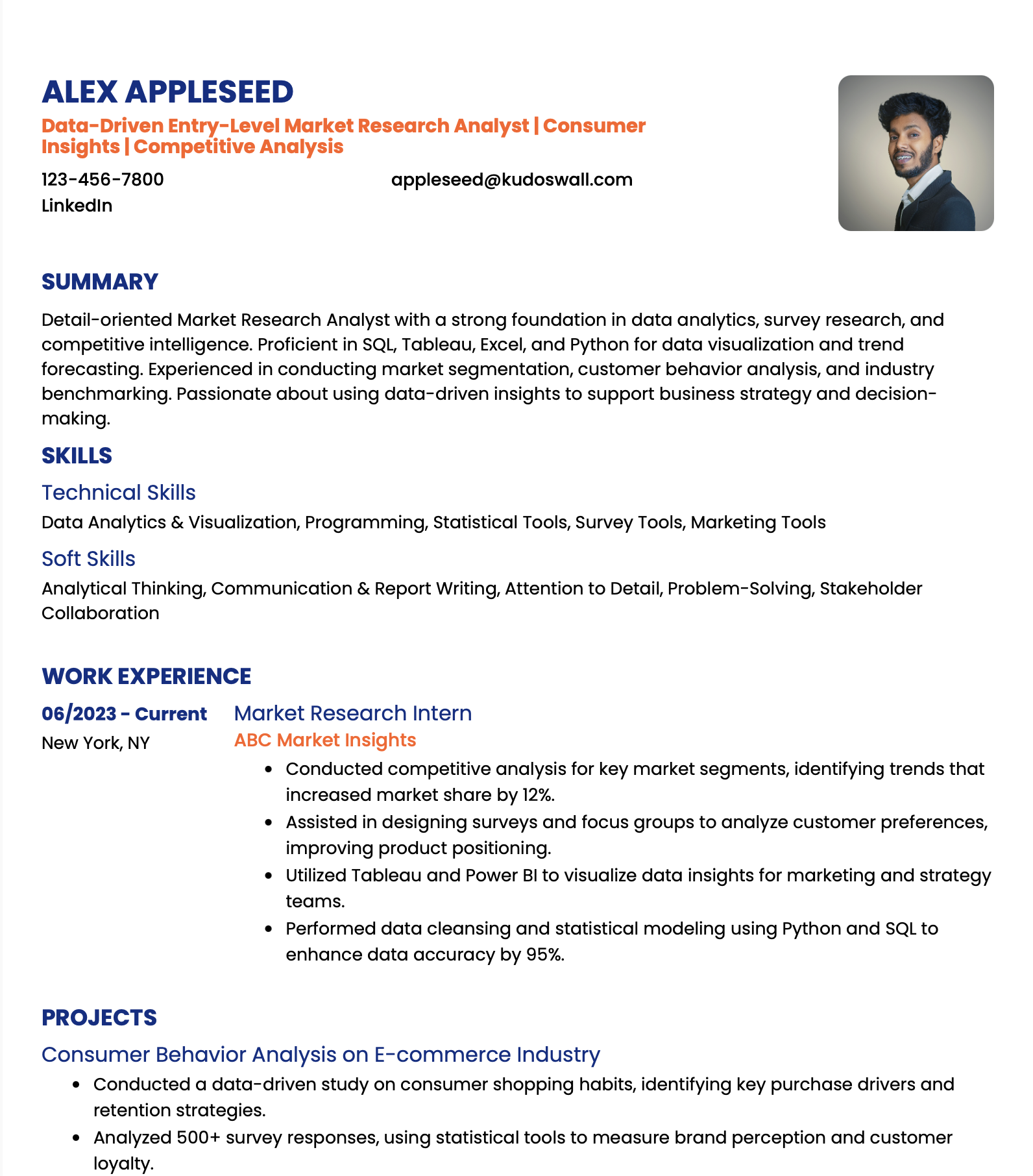 Entry Level Market Research Analyst Resume Sample