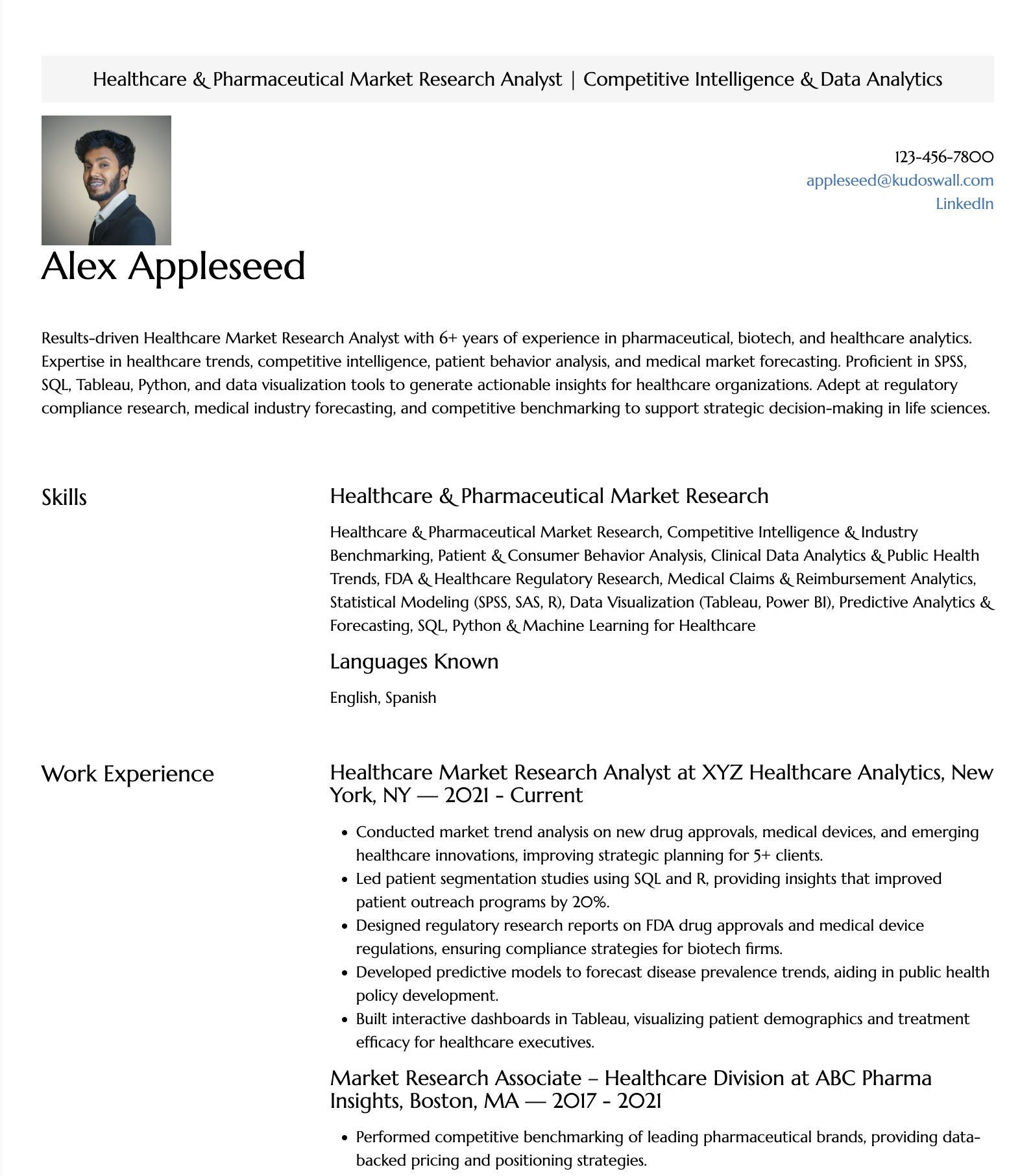 Healthcare Market Research Analyst Resume Sample