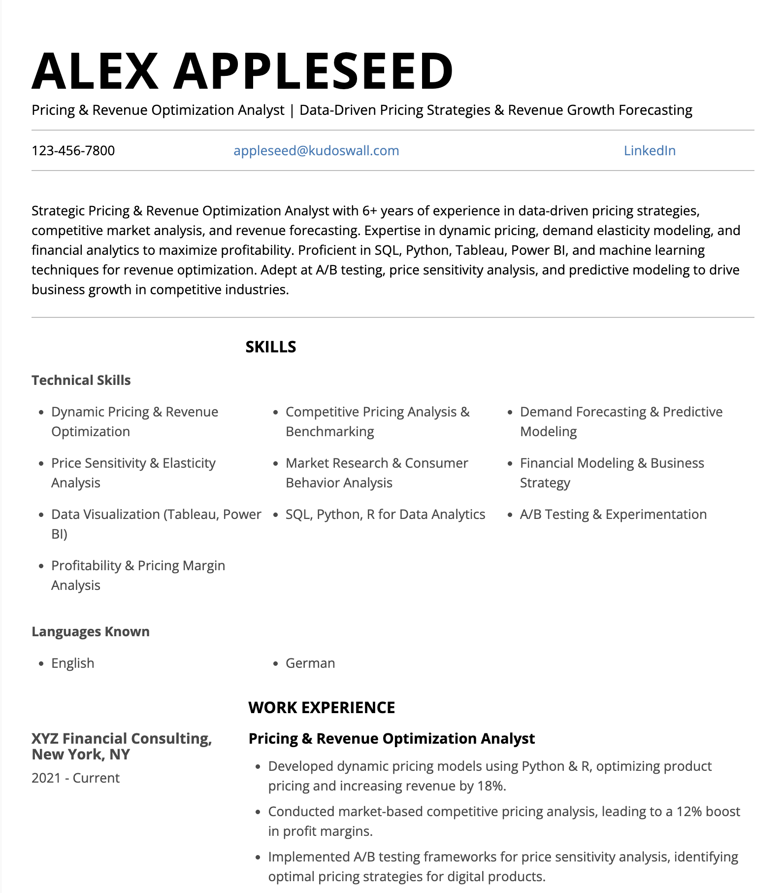 Pricing Revenue Optimization Analyst Resume Sample